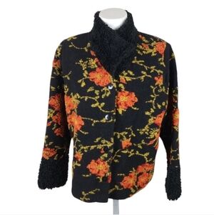 Vintage Wool Handmade Cardigan tlb design Floral Black Orange Size Medium